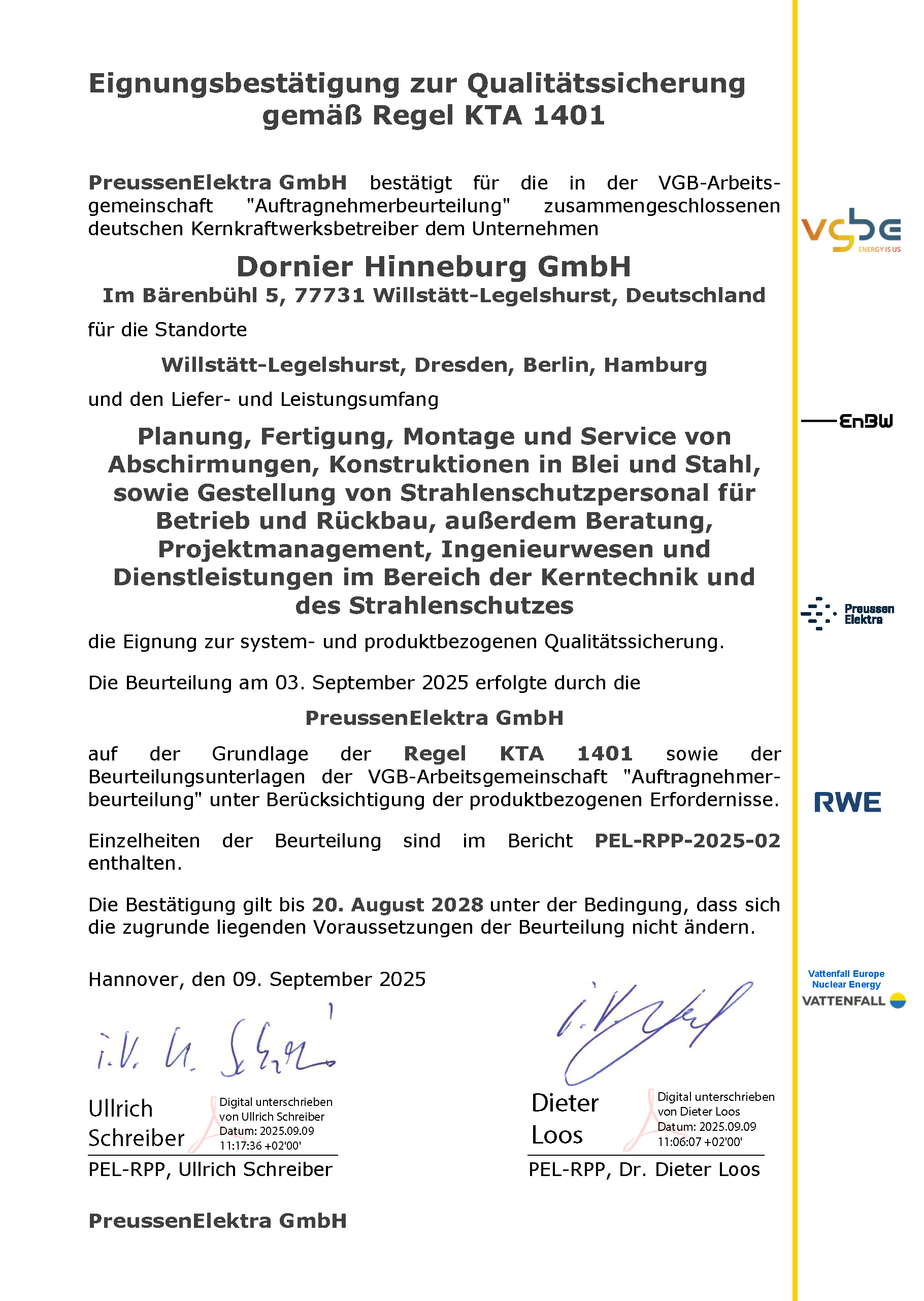 Eignungsbestaetigung gemaess Regel KTA 1401